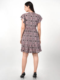 WOMEN'S PRINTED FIT AND FLARE RUFFLE KNEE LENGTH RAYON DRESS