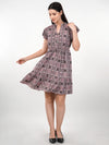 WOMEN'S PRINTED FIT AND FLARE RUFFLE KNEE LENGTH RAYON DRESS