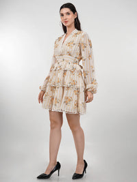 WOMEN'S GEORGETTE YELLOW FLORAL LAYERED DRESS