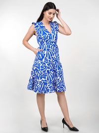 WOMEN'S BRIGHT WHITE-BLUE  PATTERN PANELLED PRINTED A-LINE COTTON DRESS