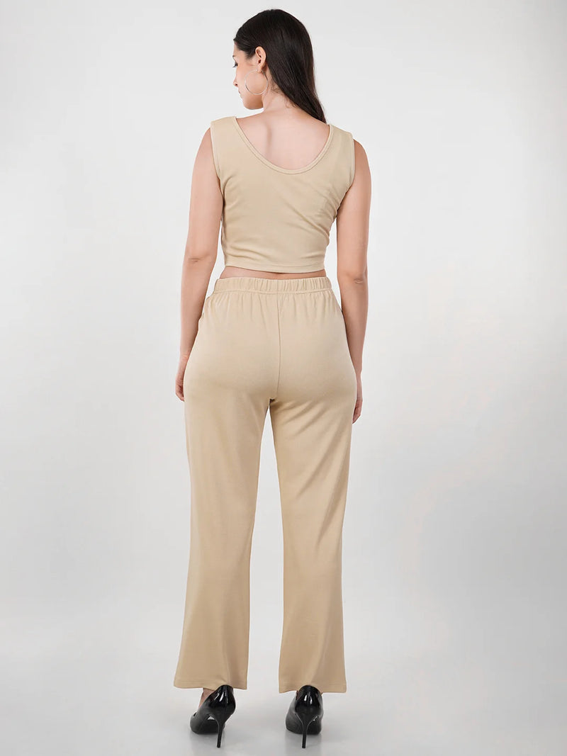 WOMEN'S BEIGE KNITTED POLYESTER CO-ORDS SET