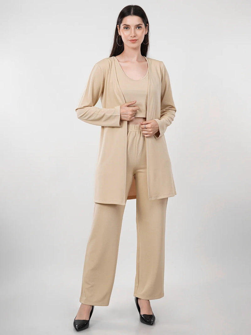 WOMEN'S BEIGE KNITTED THREE PIECE POLYESTER CO-ORDS SET