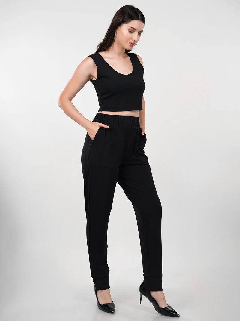 WOMEN'S BLACK KNITTED POLYESTER CO-ORDS SET
