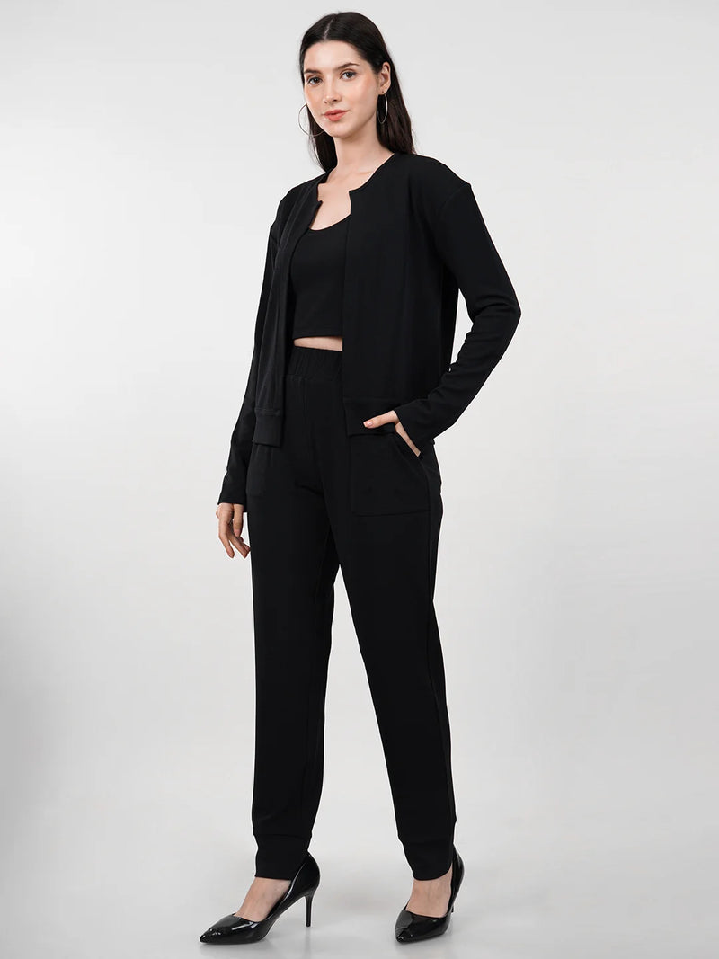 WOMEN'S BLACK KNITTED THREE PIECE POLYESTER CO-ORDS SET