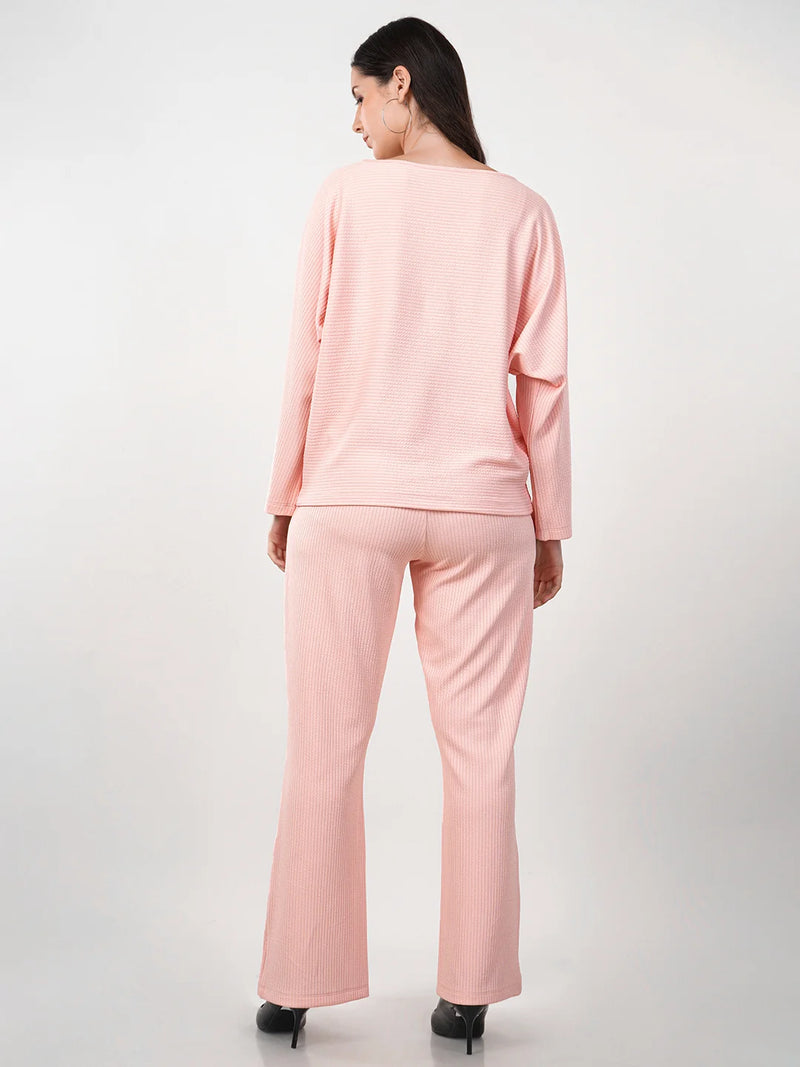 WOMEN'S PINK RIB KNIT POLYESTER CO-ORDS SET