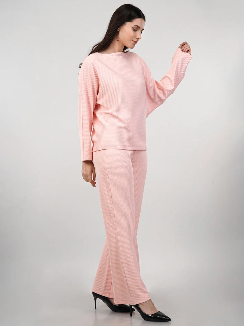 WOMEN'S PINK RIB KNIT POLYESTER CO-ORDS SET