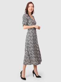 WOMEN'S WHITE BLACK PRINTED RUCHED SLEEVES RAYON MAXI DRESS