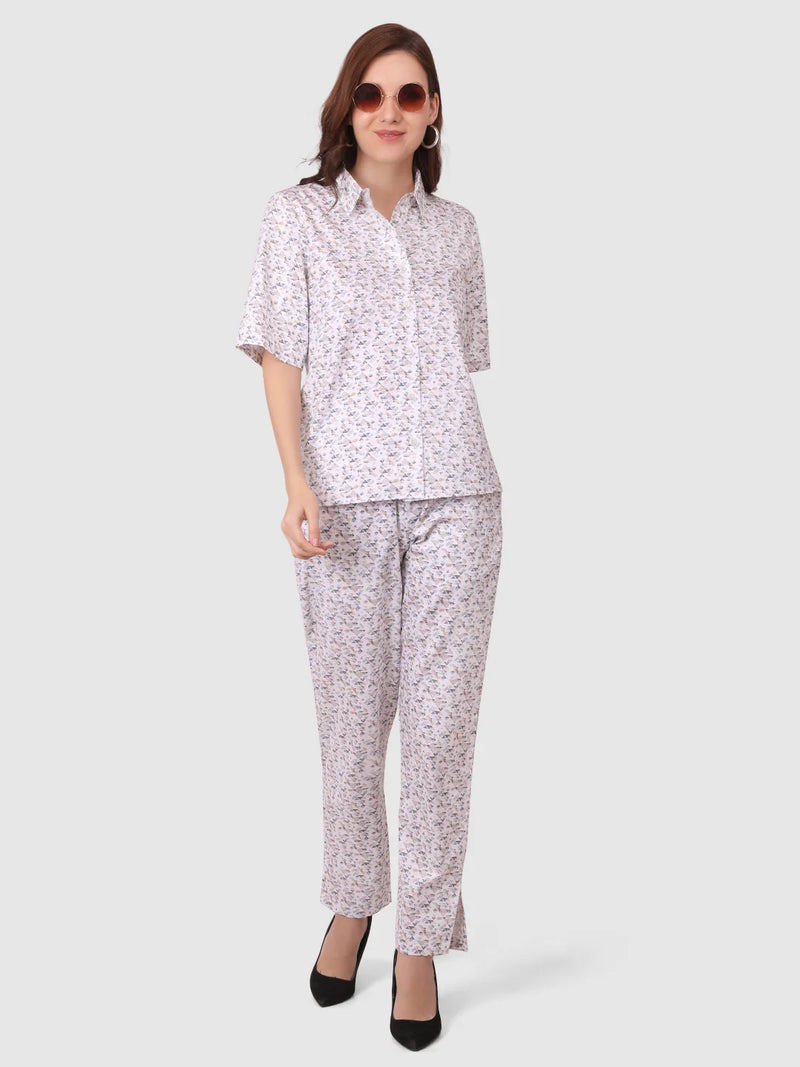 WOMEN'S PRINTED SHIRT WITH TROUSERS COTTON CO-ORDS SET