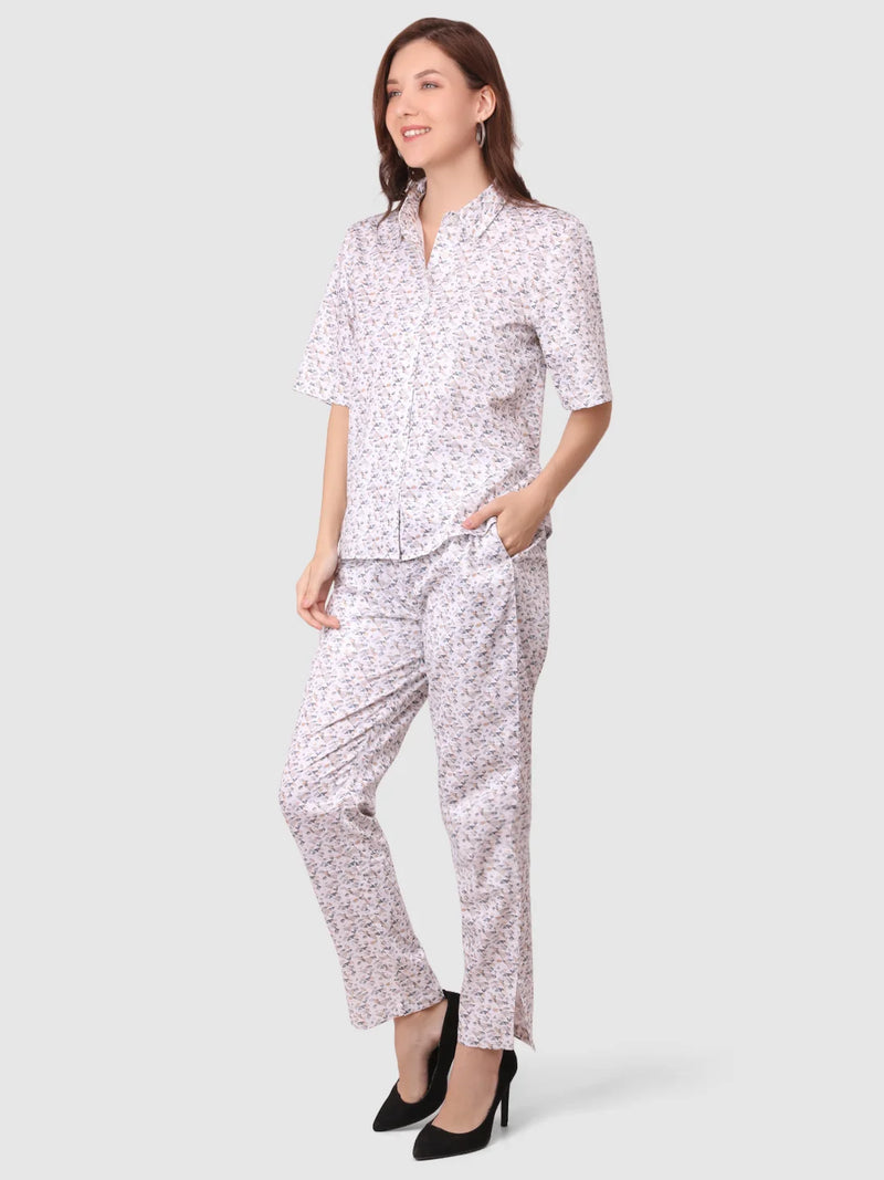 WOMEN'S PRINTED SHIRT WITH TROUSERS COTTON CO-ORDS SET