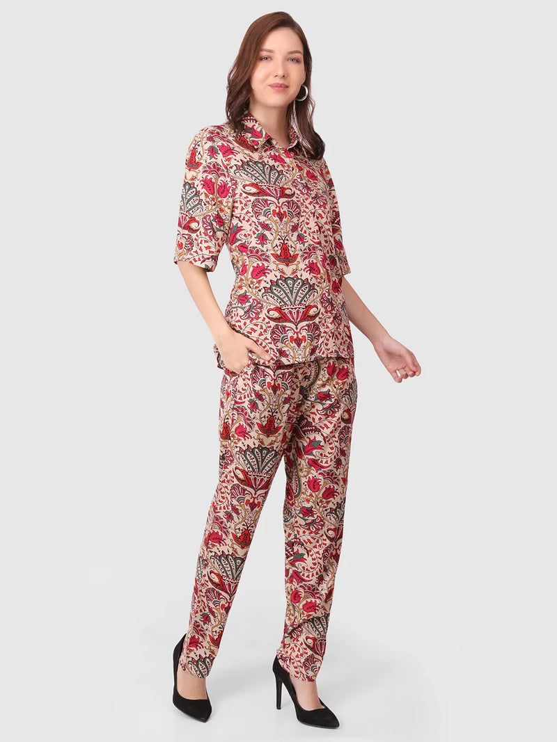 WOMEN'S PRINTED SHIRT WITH TROUSERS RAYON CO-ORDS SET