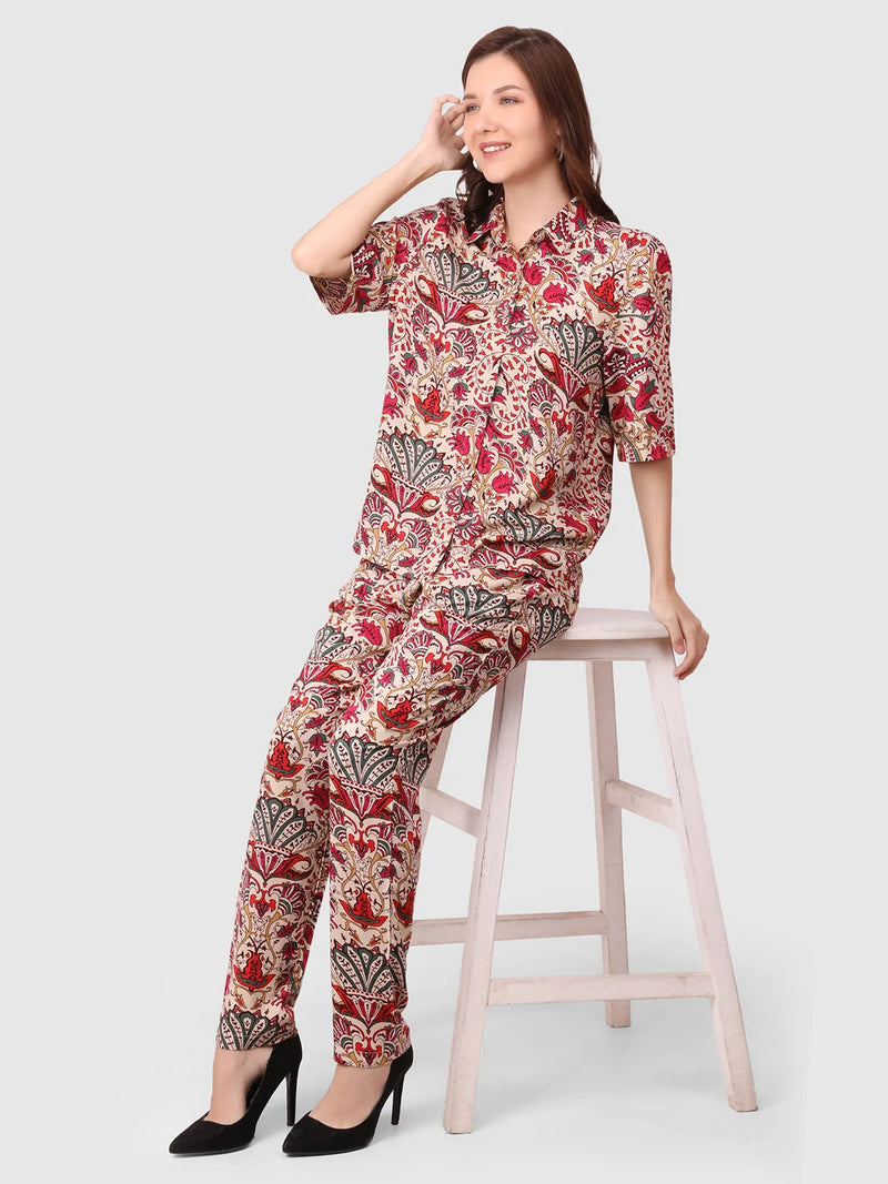 WOMEN'S PRINTED SHIRT WITH TROUSERS RAYON CO-ORDS SET