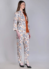 WOMEN'S FLORAL PRINTED WITH SOLID RUST HIGH LOW SHIRT WITH TROUSER RAYON CO-ORDS SET
