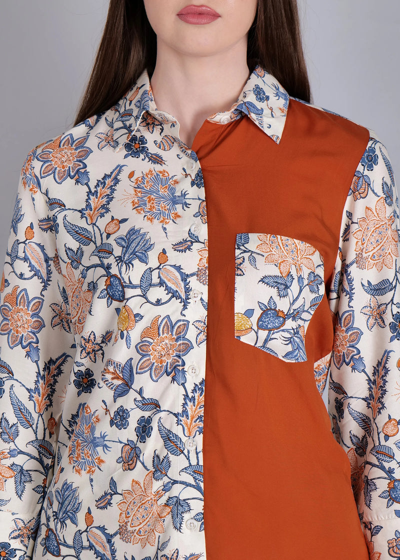 WOMEN'S FLORAL PRINTED WITH SOLID RUST HIGH LOW SHIRT WITH TROUSER RAYON CO-ORDS SET