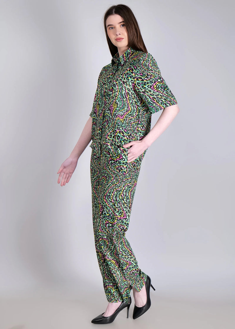 WOMEN'S LEOPARD PRINT SHIRT WITH TROUSERS RAYON CO-ORDS SET