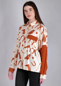 WOMEN'S CACTUS PRINT WITH SOLID RUST SLEEVE RAYON SHIRT