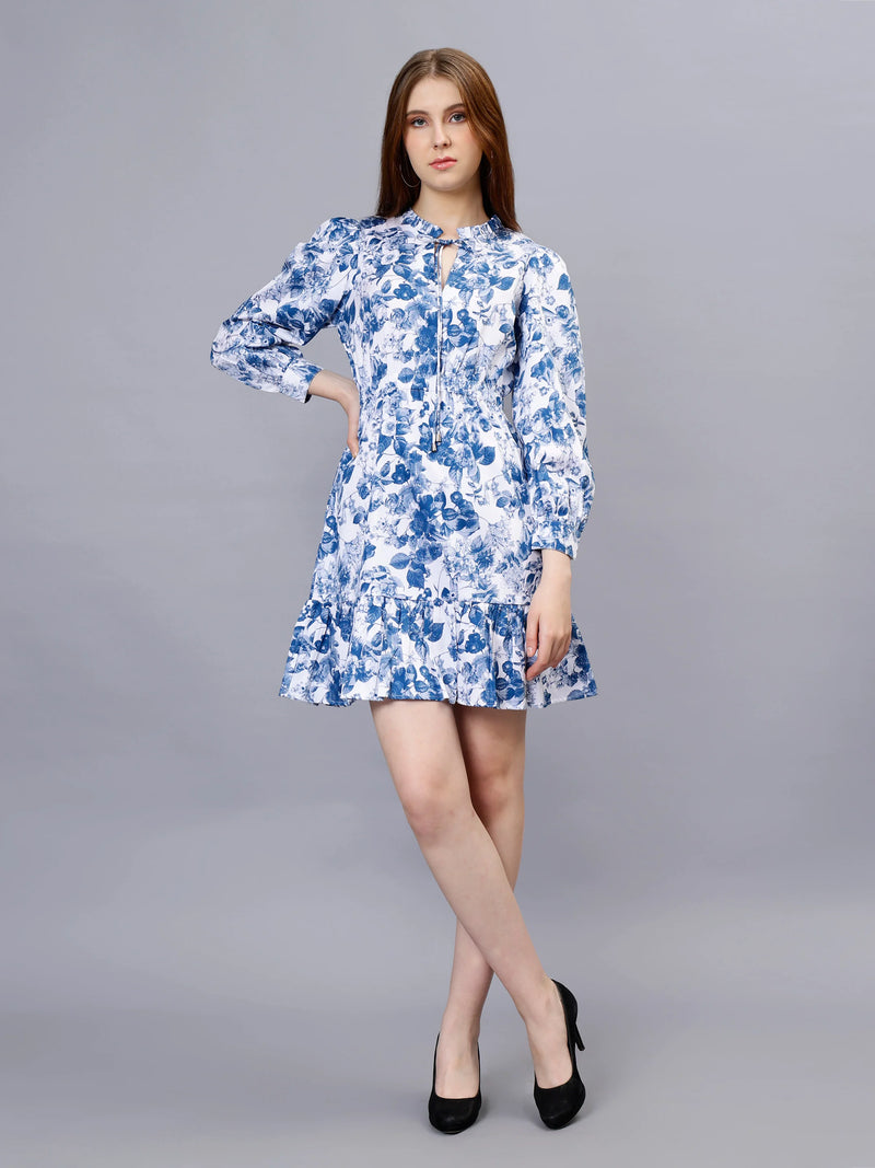 WOMEN'S WHITE AND BLUE FLORAL PRINTED PURE  COTTON MINI DRESS