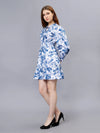 WOMEN'S WHITE AND BLUE FLORAL PRINTED PURE  COTTON MINI DRESS