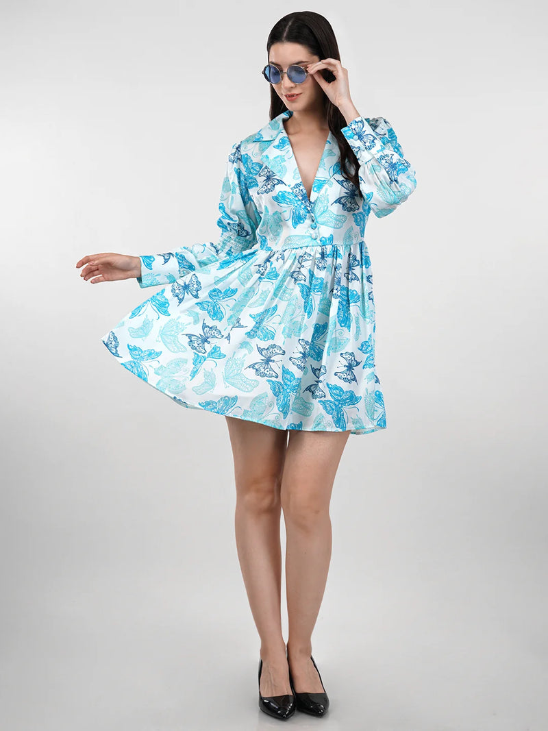 WOMEN'S BUTTERFLY PRINT SWISS SATIN MINI DRESS