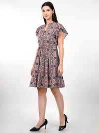 WOMEN'S PRINTED FIT AND FLARE RUFFLE KNEE LENGTH RAYON DRESS