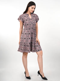 WOMEN'S PRINTED FIT AND FLARE RUFFLE KNEE LENGTH RAYON DRESS