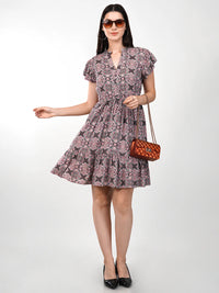 WOMEN'S PRINTED FIT AND FLARE RUFFLE KNEE LENGTH RAYON DRESS