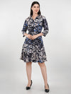 WOMEN'S BLACK FLORAL PRINTED TWILL SHIRT RAYON DRESS