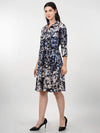 WOMEN'S BLACK FLORAL PRINTED TWILL SHIRT RAYON DRESS