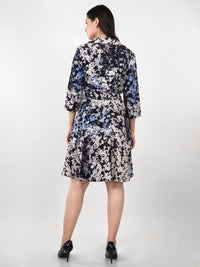 WOMEN'S BLACK FLORAL PRINTED TWILL SHIRT RAYON DRESS