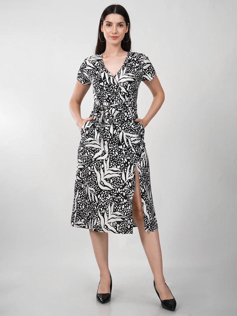 WOMEN'S BLACK TROPICAL PRINT V-NECKLLINE  A-LINE MAXI RAYON OVERLAP DRESS