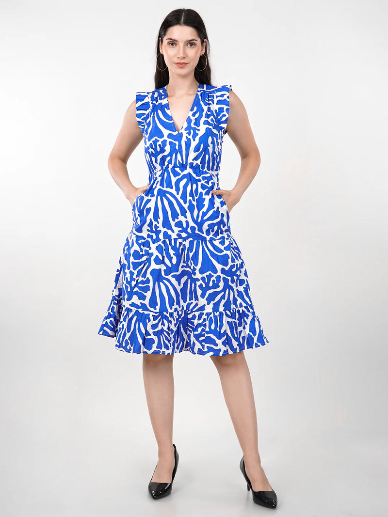 WOMEN'S BRIGHT WHITE-BLUE  PATTERN PANELLED PRINTED A-LINE COTTON DRESS