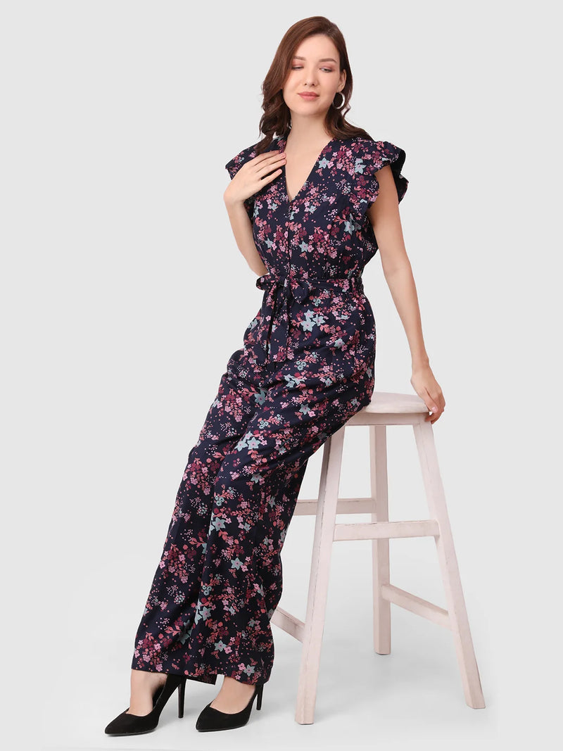 WOMEN'S NAVY BLUE FLORAL PRINT RAYON JUMJPSUIT