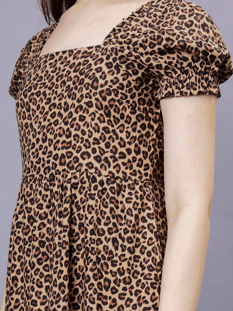 WOMEN'S LEOPARD PRINT SMOCKING RAYON MINI DRESS