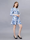 WOMEN'S WHITE AND BLUE FLORAL PRINTED PURE  COTTON MINI DRESS