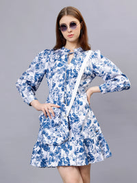 WOMEN'S WHITE AND BLUE FLORAL PRINTED PURE  COTTON MINI DRESS