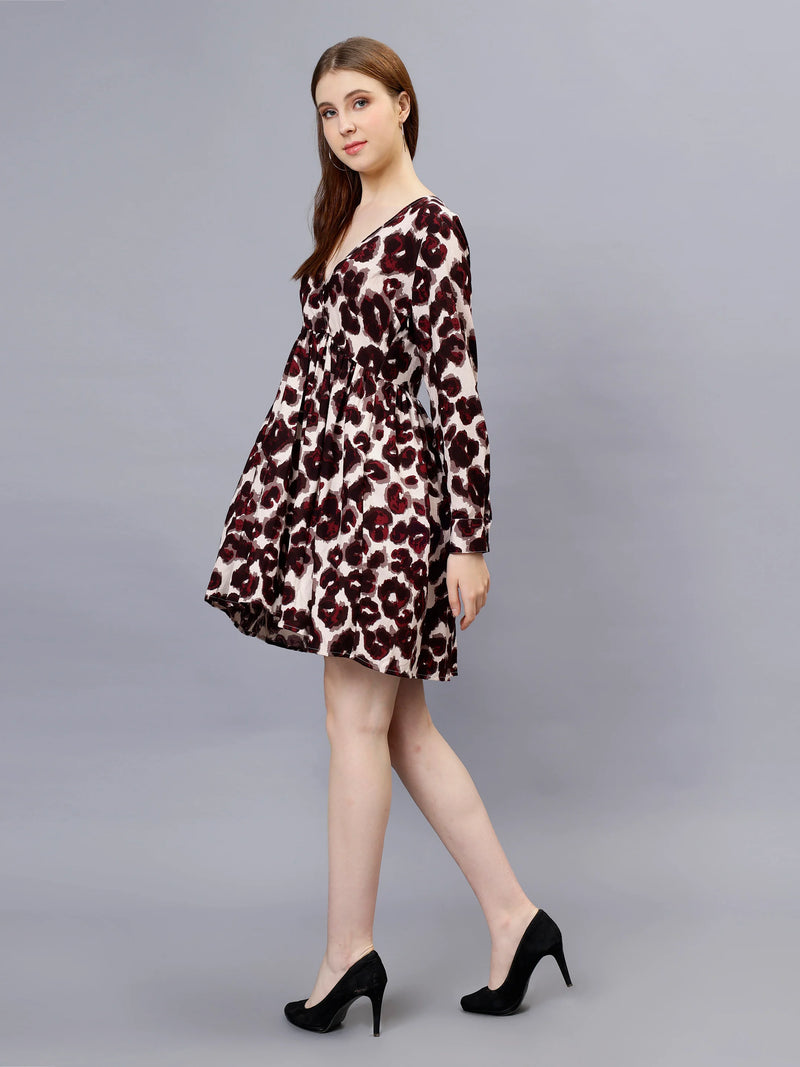 WOMEN'S MEHROON LEOPARD PRINT RAYON MINI DRESS